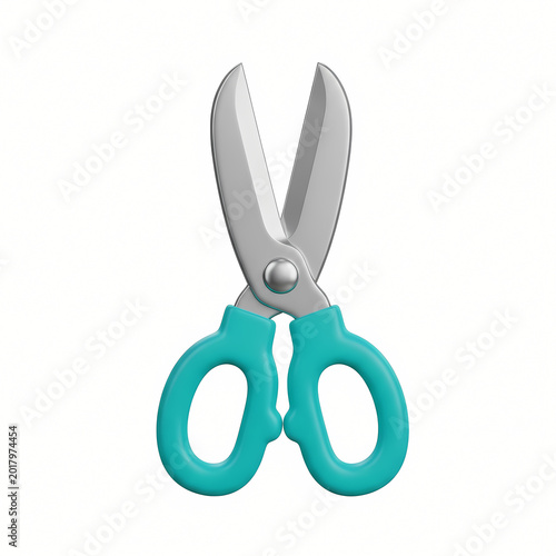 Stylized scissors illustration with teal handles and a silver blade on transparent background