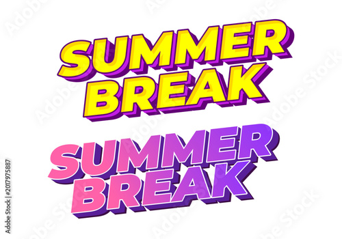 3D text reading summer break in two styles yellow with purple shadow and pink to purple gradient with dark shadow on white background.