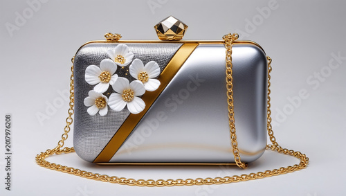 Silver Gold Floral Clutch Bag for Women | Elegant Pearl Flower Evening Purse | Bridal Wedding Party Handbag