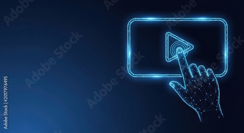 Digital Interface Interaction with Futuristic Glowing Play Button on Touchscreen