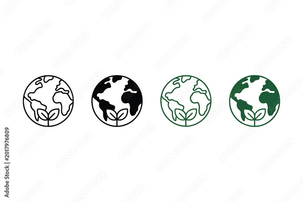 Obraz premium Earth with leaf icon set linear style black and green variations