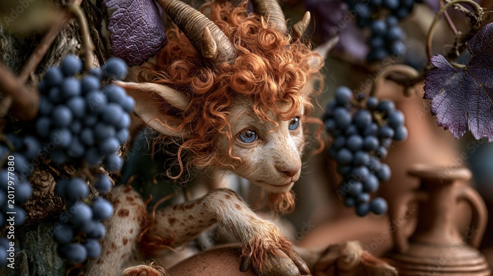 Obraz premium Whimsical Creature Among Grapes and Pots