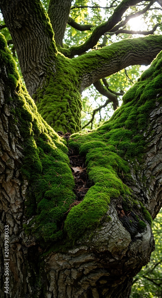 Fototapeta premium Moss Covered Tree Trunk, Lush Green Canopy