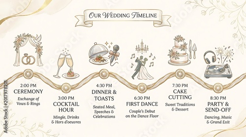 An elegant wedding timeline illustration detailing key moments of the special day