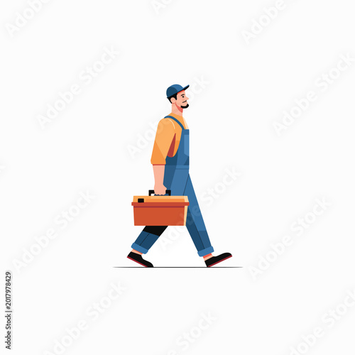 Man walking with orange tool box.