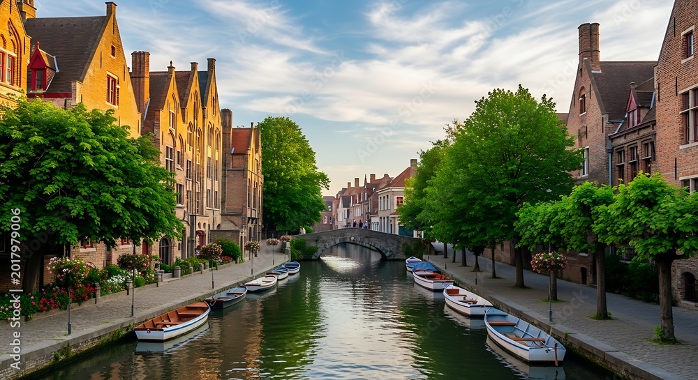 Obraz premium Scenic waterway with boats buildings and lush trees under a bright blue sky