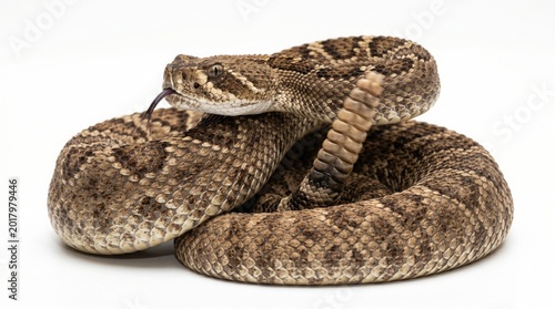 Coiled rattlesnake with tongue extended, a dangerous venomous reptile, diamondback snake, wildlife photography for nature and animal themes