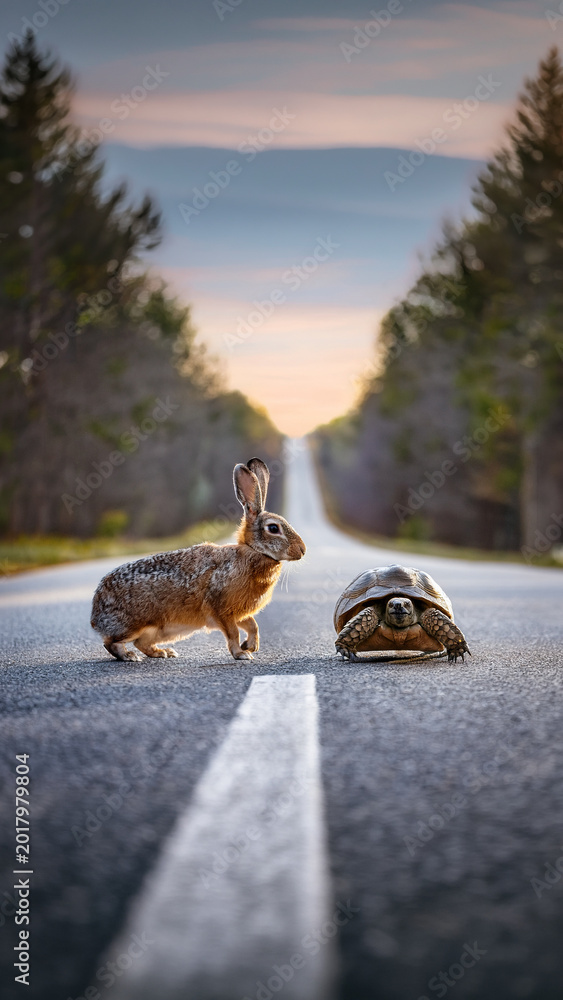 Fototapeta premium Hare and Tortoise on a long straight road. Competitive advantage for persistence and consistency concept