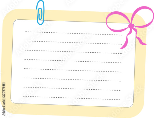 Illustration of a blank, lined notepad decorated with a pink bow and a paper clip.