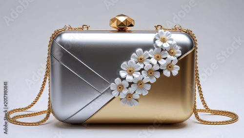 Silver Gold Floral Clutch Bag for Women | Elegant Pearl Flower Evening Purse | Bridal Wedding Party Handbag