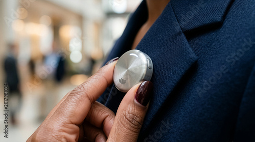 Close up of a hand holding a silver smart earbud in front of a blurred business meeting setting