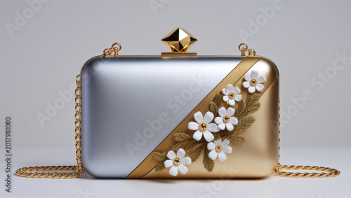 Silver Gold Floral Clutch Bag for Women | Elegant Pearl Flower Evening Purse | Bridal Wedding Party Handbag