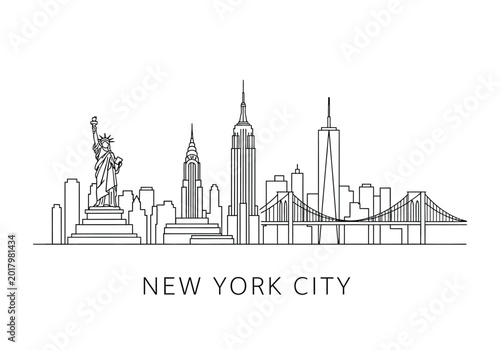 Continuous line drawing of new york city skyline landmark silhouette with landmarks