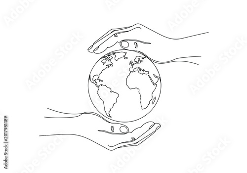 Hands cupping the world globe in a continuous single line drawing illustration