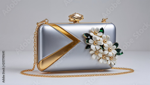 Silver Gold Floral Clutch Bag for Women | Elegant Pearl Flower Evening Purse | Bridal Wedding Party Handbag