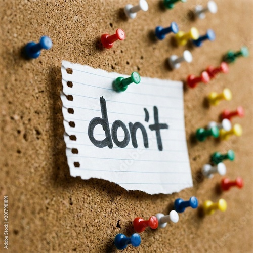 Note with word dont pinned on corkboard with colorful thumbtacks. Simple paper message implies prohibition or a negative instruction for office or school use. Notice Board Communication & Restrictions