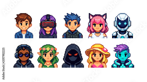 A collection of 10 pixel art avatars featuring diverse characters, including humans, a robot, and fantasy figures, in a retro gaming aesthetic.