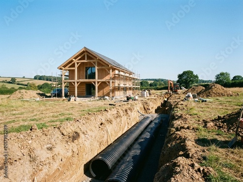 Two underground drainage pipes laid in trench near new house foundation. Construction site with earthworks and landscaping. Home building project in progress on sunny day. Residential Underground