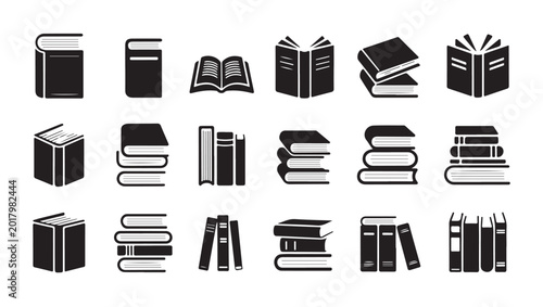 Foto Books icons set with various stacked and open textbook silhouettes for library study design