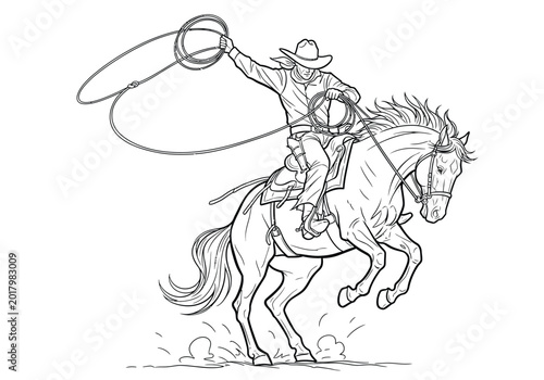 Continuous line art of cowboy riding horse and throwing lasso with equestrian