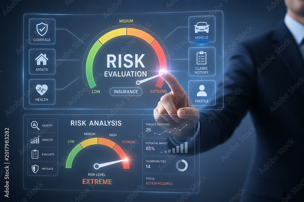 Fototapeta premium Businessman interacts with virtual risk evaluation and analysis interface screen