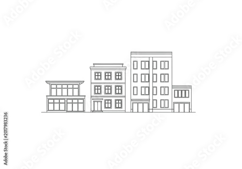 Minimalist outline illustration of a small urban city building block streetscape