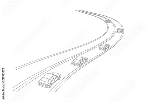 Minimalist continuous line art of cars driving along a curved highway road