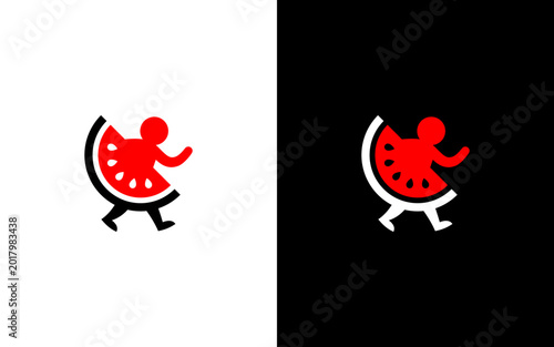 Photography Running Watermelon Character Mascot Logo Vector, Fun Fruit Walking Icon Illustra