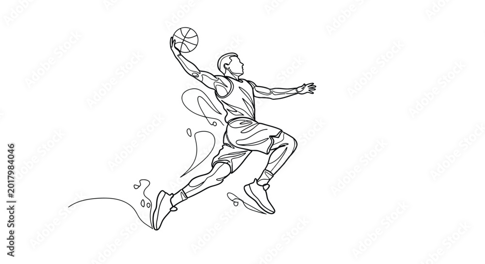 Obraz premium Continuous single line drawing of basketball player jumping high for slam dunk with basketball