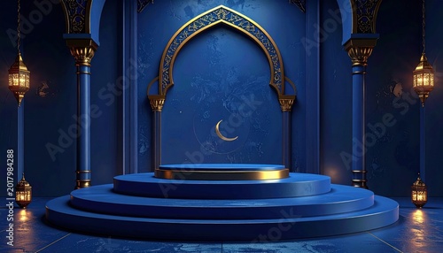3d blue islamic stage podium cylinder with golden in dark or night theme for ramadan or islamic festivity
