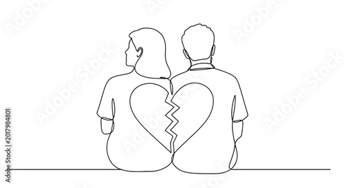 Foto Couple sitting back to back with a broken heart symbol heartbreak separation rel
