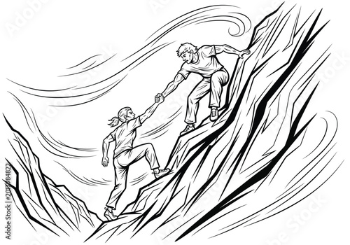 Foto Line art illustration of person helping someone climb a steep mountain cliff fac