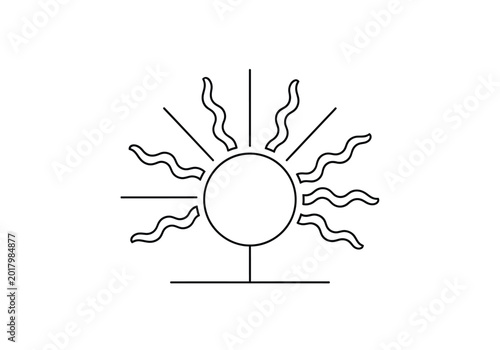 Minimalist sun icon line art drawing with wavy rays representing heat and summer