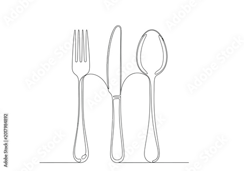 Continuous line drawing of fork knife and spoon cutlery dining table set silverware