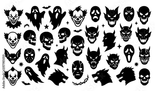 Bild auf Leinwand Creepy Horror Face Vector Set with Scary Silhouette Monsters and Haunted Express