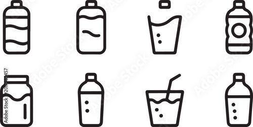 Foto Set of simple black line icons representing various water bottles and beverage g