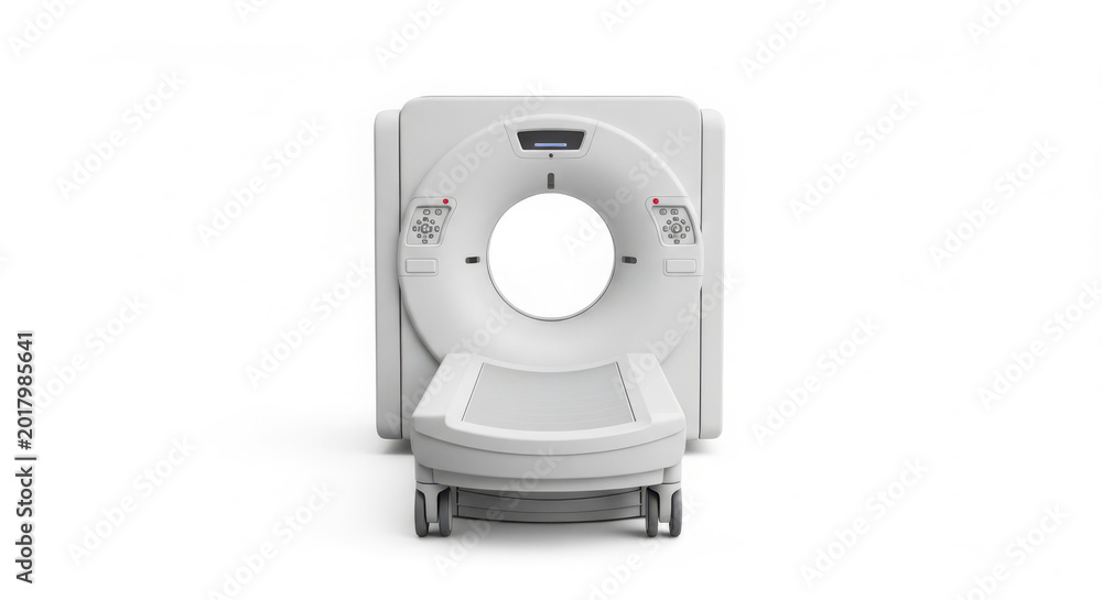 Fototapeta premium Front View of a Professional Computed Tomography CT Scanner Machine with Patient Table Isolated on White Background