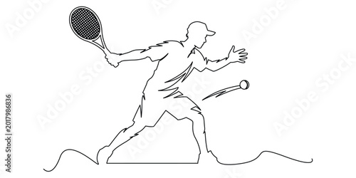 Young agile tennis player hitting ball continuous one line drawing sport action competition minimalist vector illustration