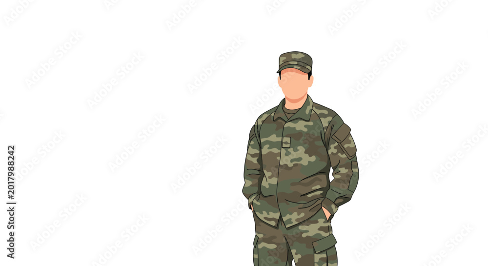 Fototapeta premium Soldier standing in a camouflage military uniform with his hands in his pockets on a plain white background for army themes.