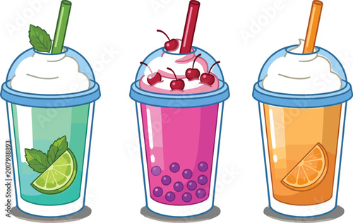 Cute colorful smoothie cups collection with fruit flavors and whipped cream, refreshing cartoon beverage illustrations in kawaii vector style