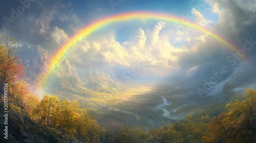 A bright rainbow arching over a serene valley, symbolizing hope, healing, and the fight to eradicate tuberculosis
