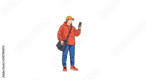 Young man in a red hoodie and orange cap walking while looking at his smartphone with a messenger bag over his shoulder.