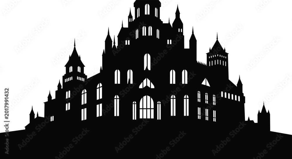 Fototapeta premium Dark black silhouette of a large majestic gothic castle with multiple towers and windows against a stark white background for spooky design.
