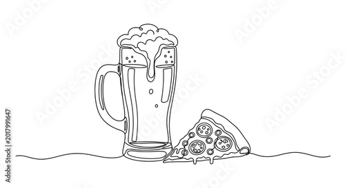 Modern continuous line drawing of a frothy beer mug and pizza slice