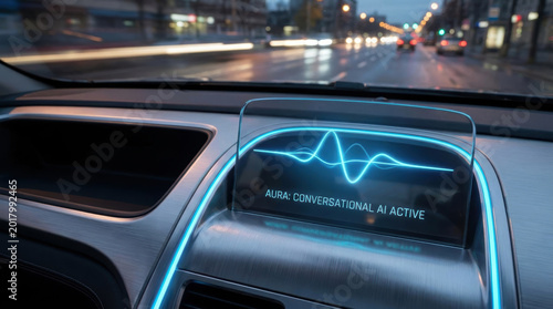 Ai chat technology in car dashboard with futuristic interface showing active conversational ai system glowing blue light