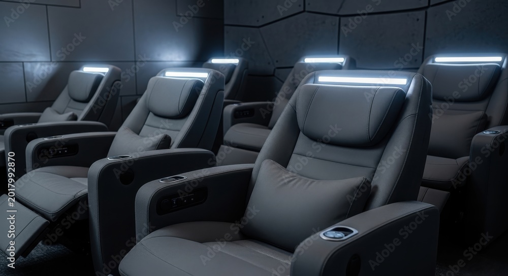 Fototapeta premium Luxurious dark cinema theater seats with adjustable lumbar support and modern ambient lighting for ultimate comfort