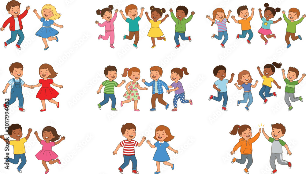 Fototapeta premium Cute cartoon children group collection with happy boys and girls playing together isolated on background