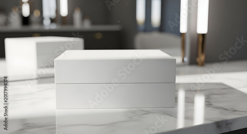 Sleek minimalist white product packaging box on an elegant marble surface, ideal for luxury branding, sophisticated presentations, and modern commercial mock-ups with ample copy space