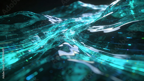Futuristic digital water waves with glowing cyan data lines, abstract liquid technology background, cinematic teal fluid motion with bokeh effects
