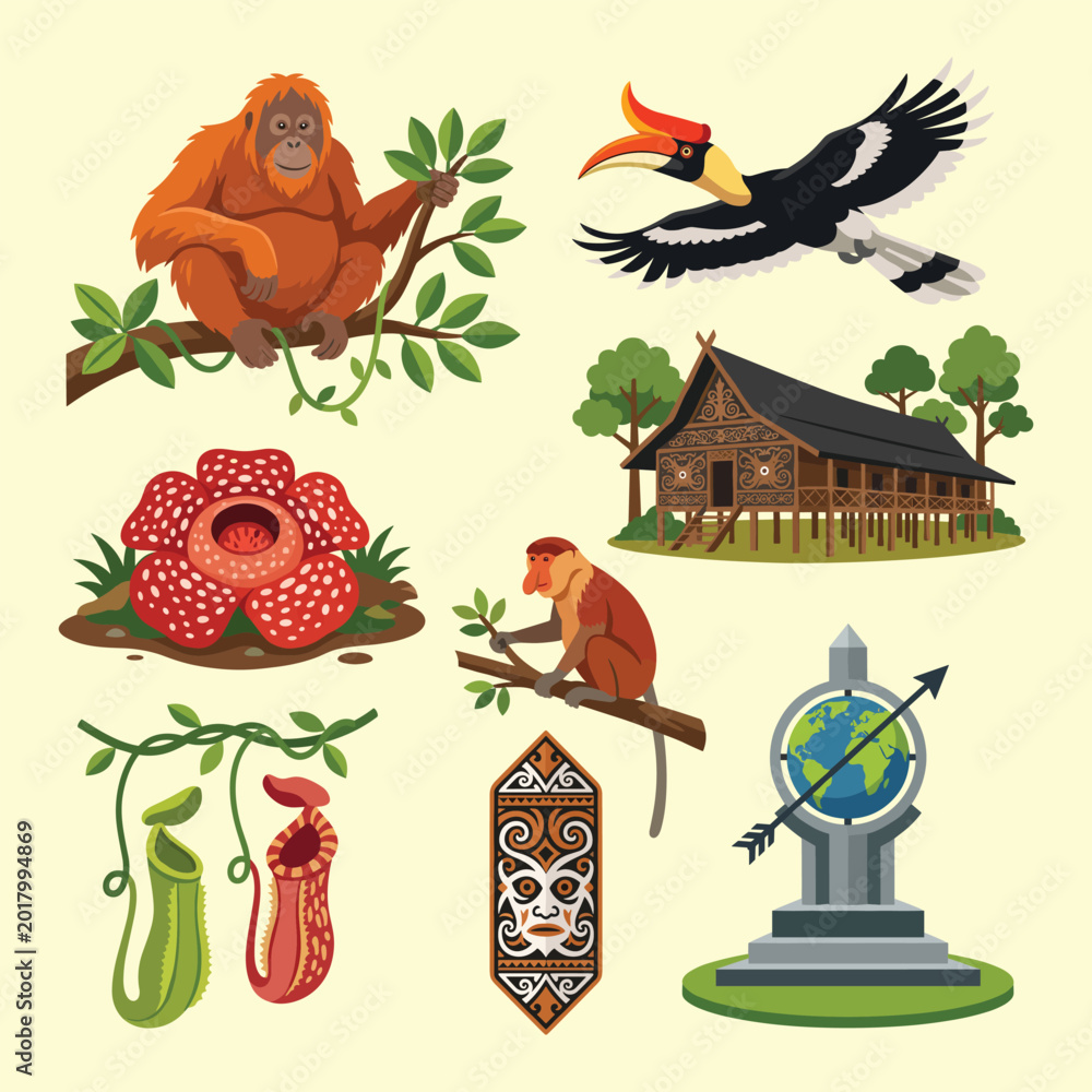Obraz premium Traditional Borneo Nature And Cultural Wildlife Elements